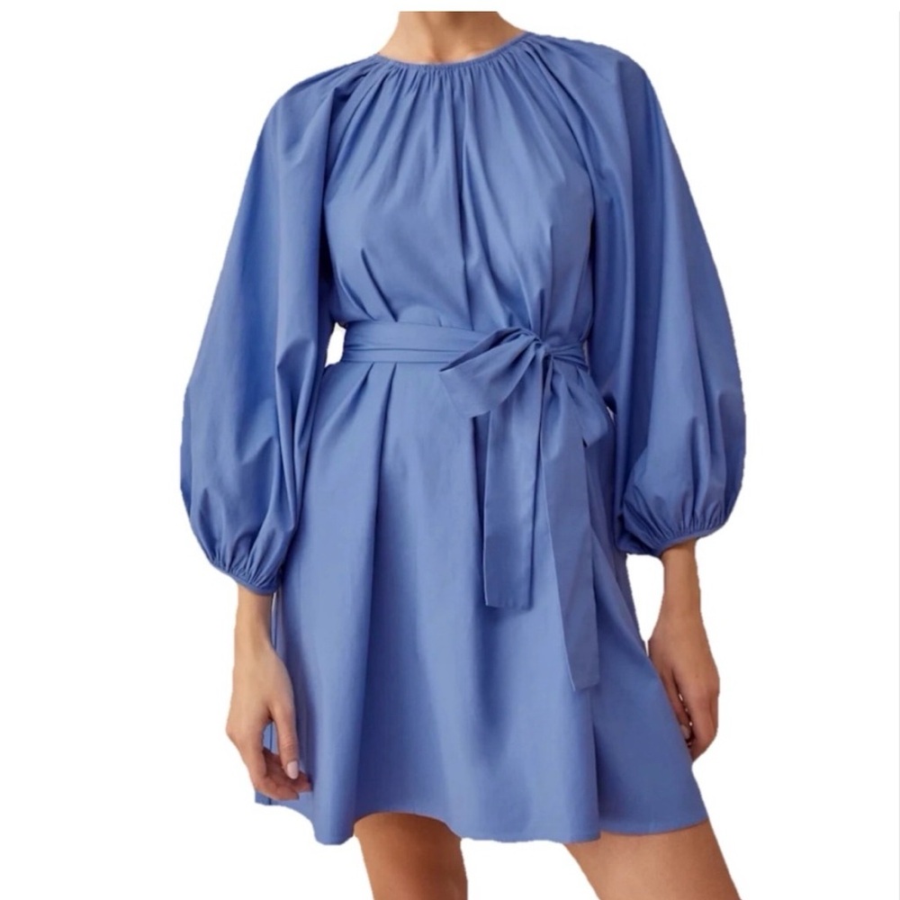 NWOT Reformation Rennae Long Sleeve Belted Mini Dress in Cornflower Blue, size M